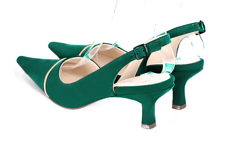 Emerald green and gold women's slingback shoes. Pointed toe. Medium spool heels. Rear view - Florence KOOIJMAN